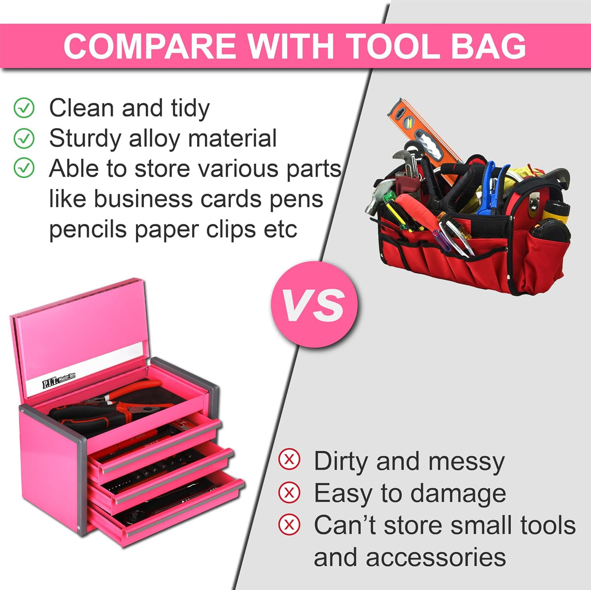 P.I.T. Mini Tool Box,3 Drawers Small Metal Toolbox for Tools Storage,Pink