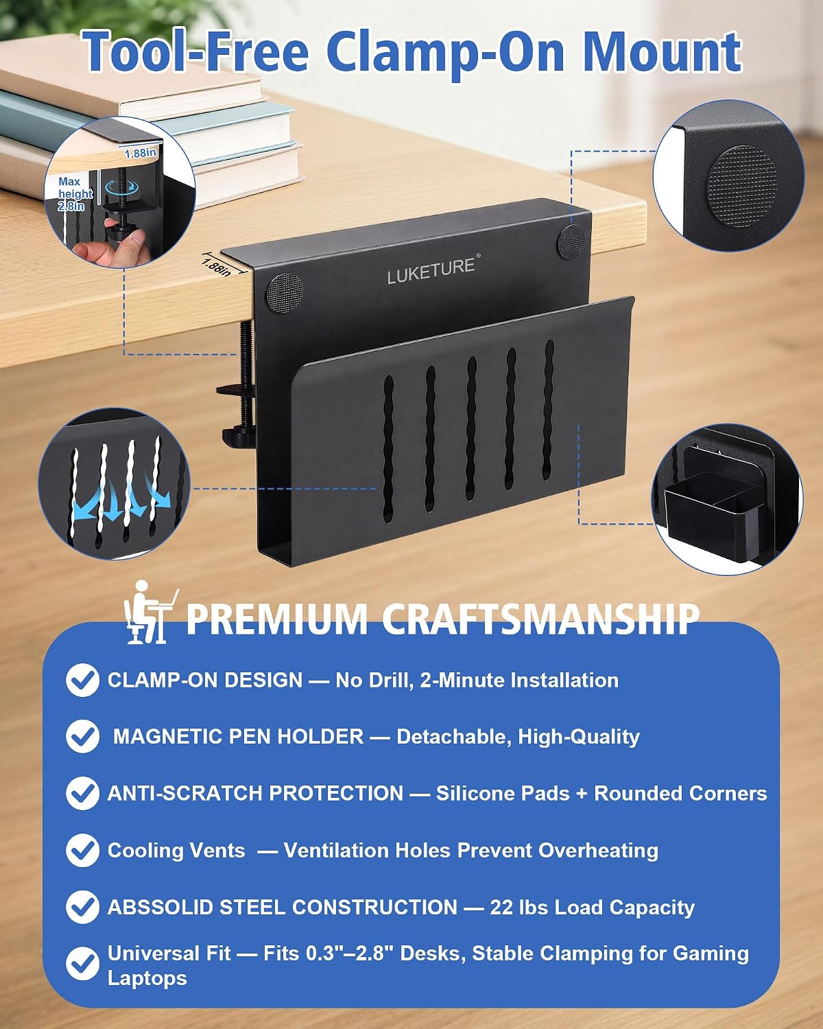 LUKETURE Desk Side Storage Laptop Holder No Drill Clamp On Organizer
