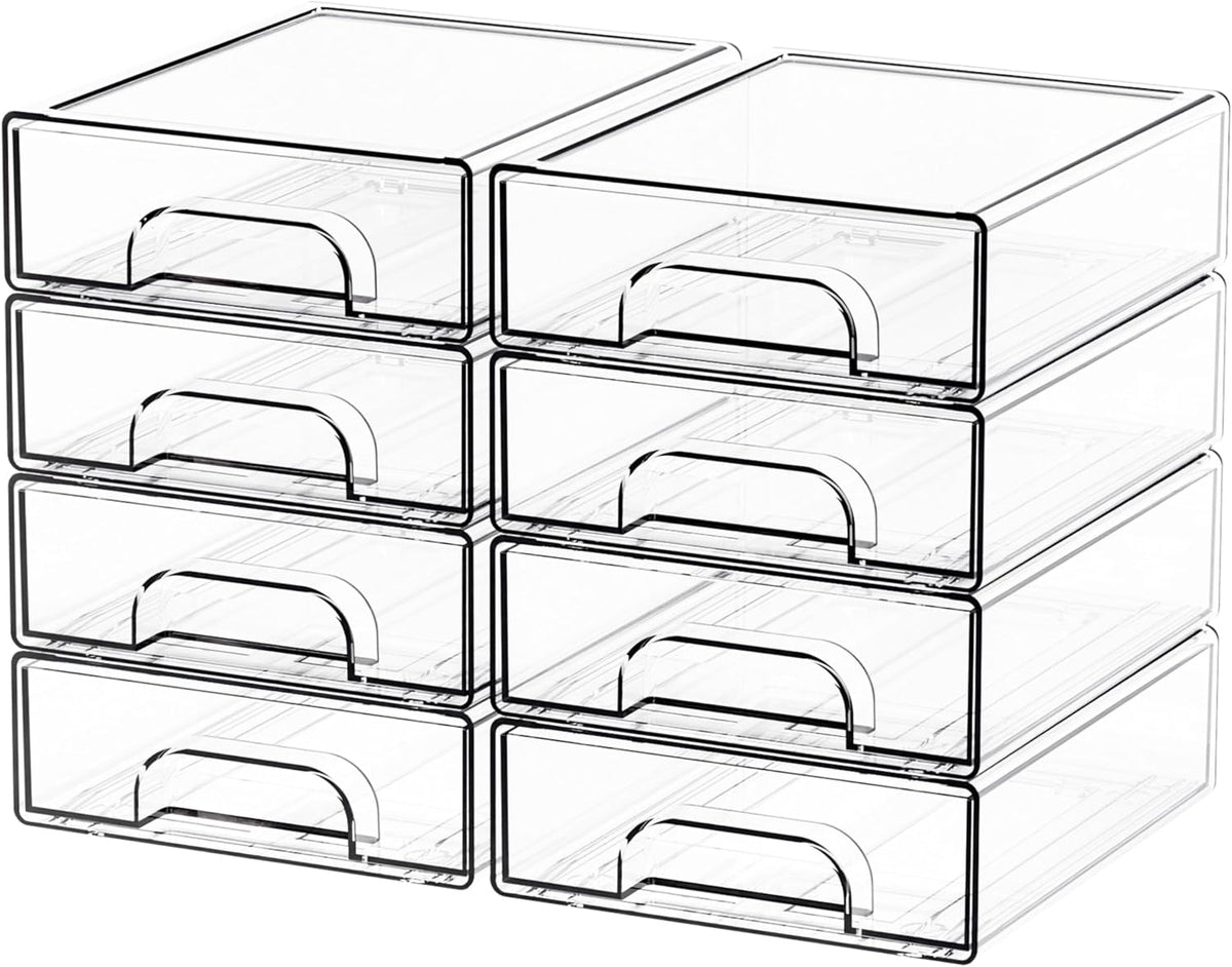 Yieach 8 Pack Small Clear Stackable Storage Drawers,2.2'' Tall Desk Organization and Storage,Plastic Office Supply Organizer,Acrylic Storage Containers for Makeup,Hair Clip,Accessory,Pen,Art Crafts