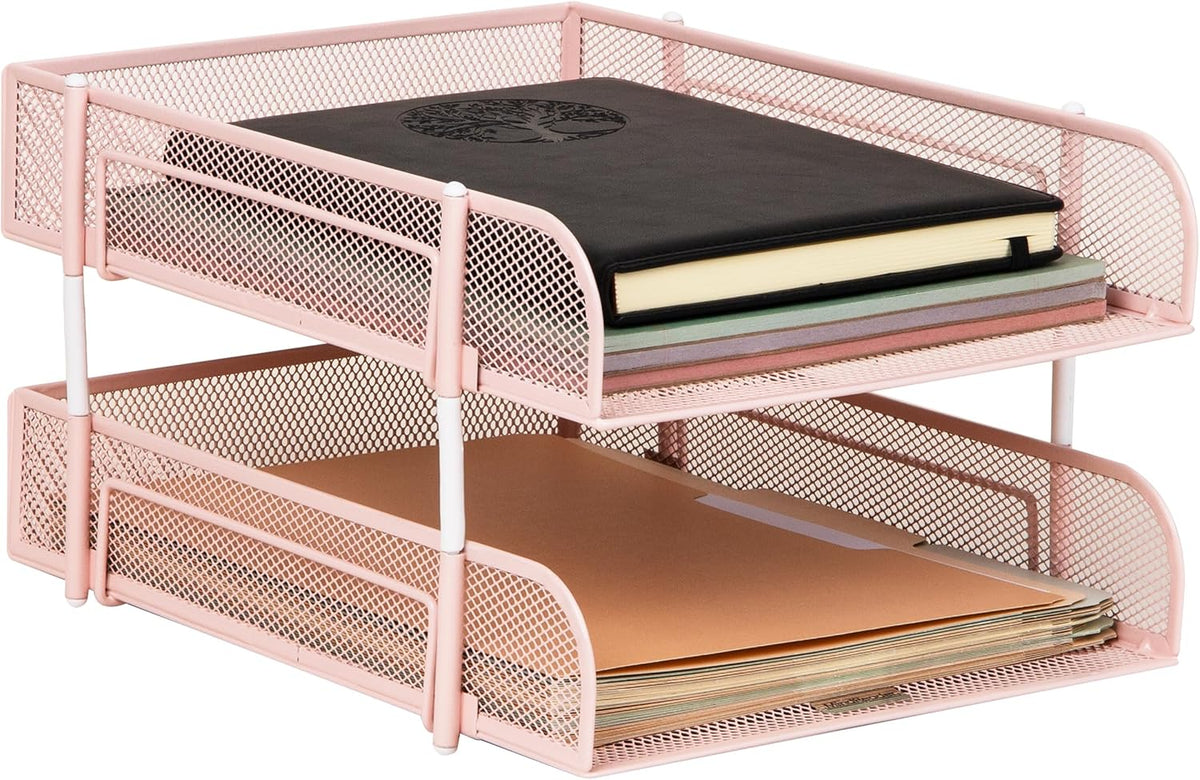 Mind Reader Stackable Paper Tray, Desktop Organizer, File Storage, Office, Metal Mesh, 2 Pcs, Pink