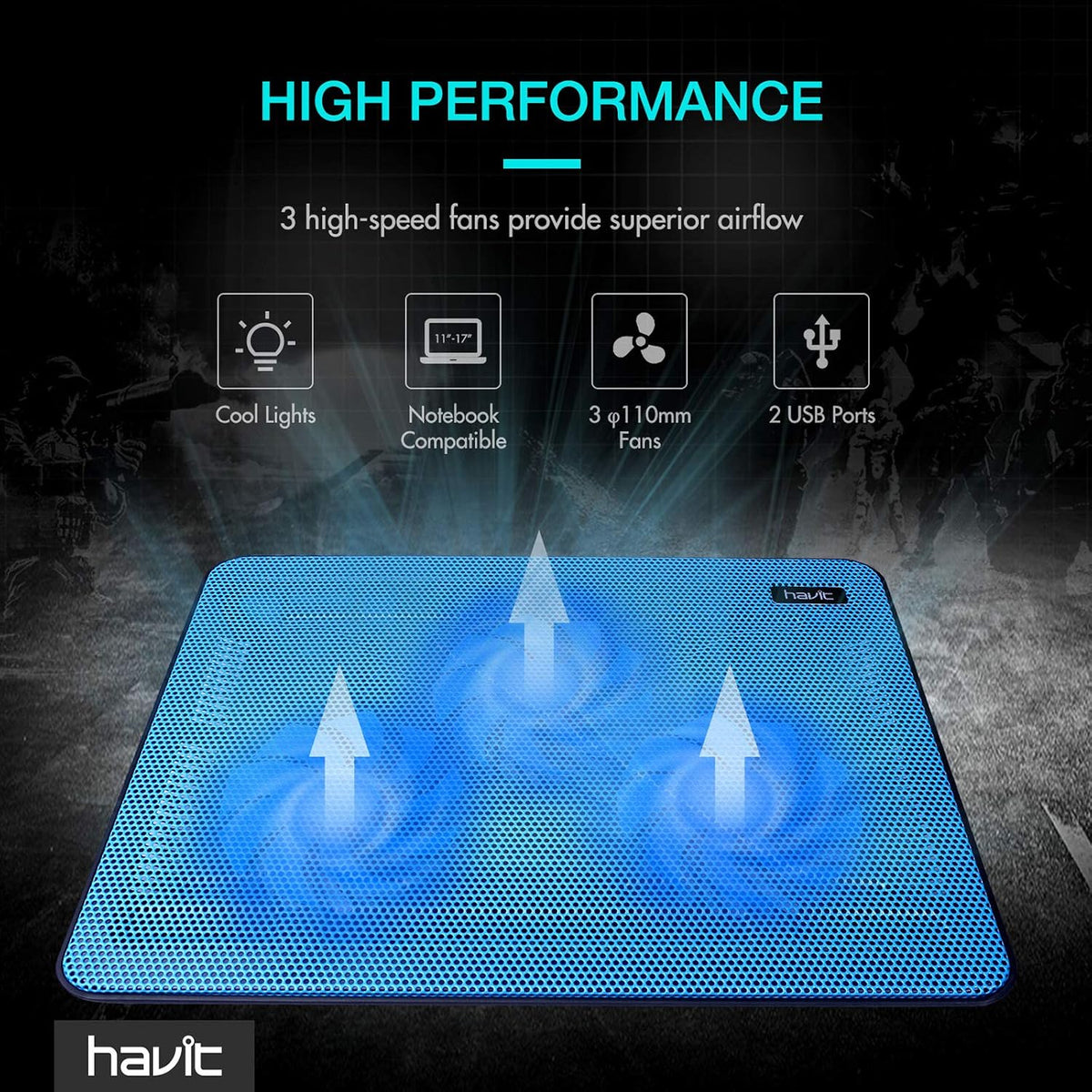 havit HV-F2056 Laptop Cooling Pad for 15.6-17 Inch Laptops, Blue