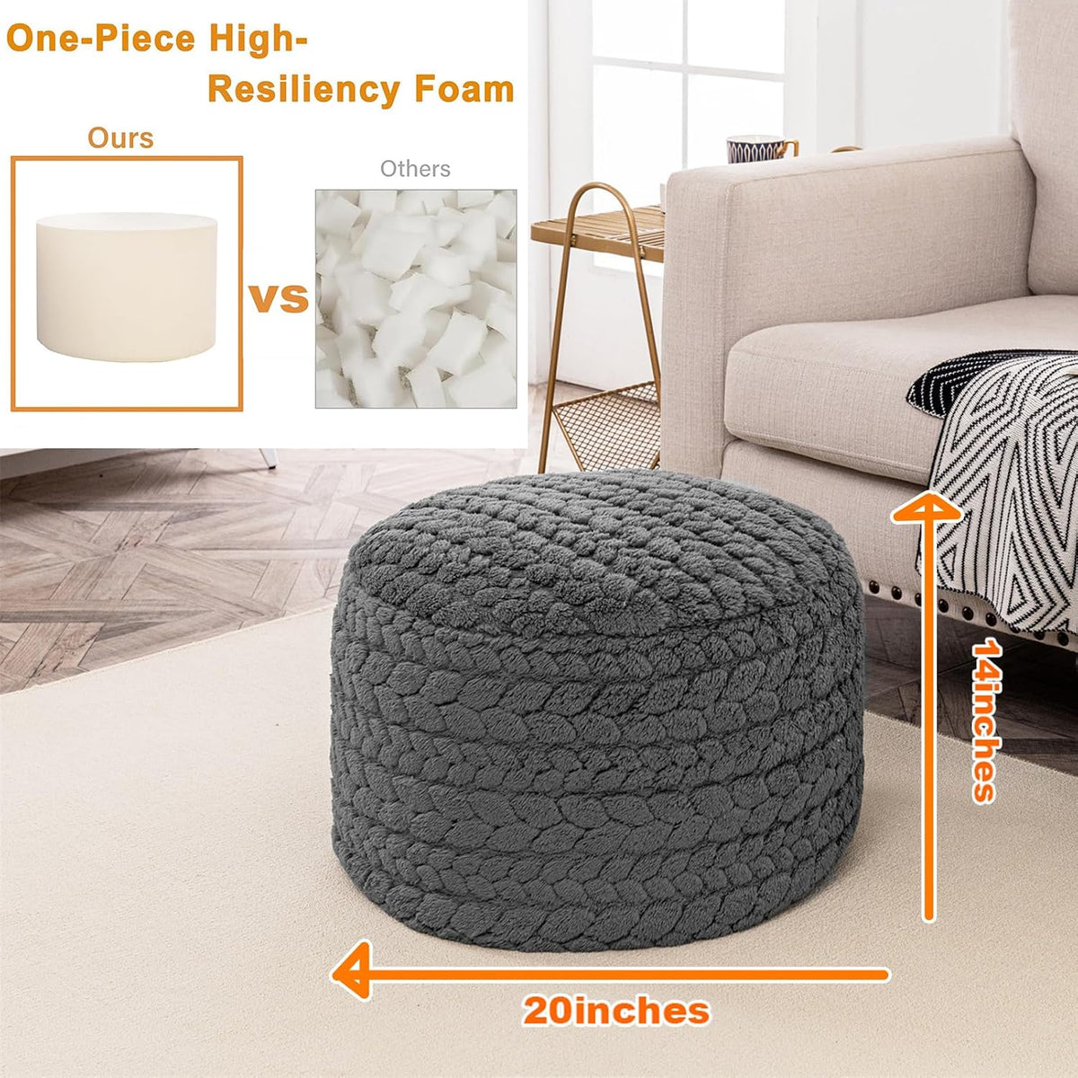 Poofieotto Ottoman Foot Rest,Pouf Foot Stool,Bean Bag Ottoman,Grey,20x14 in