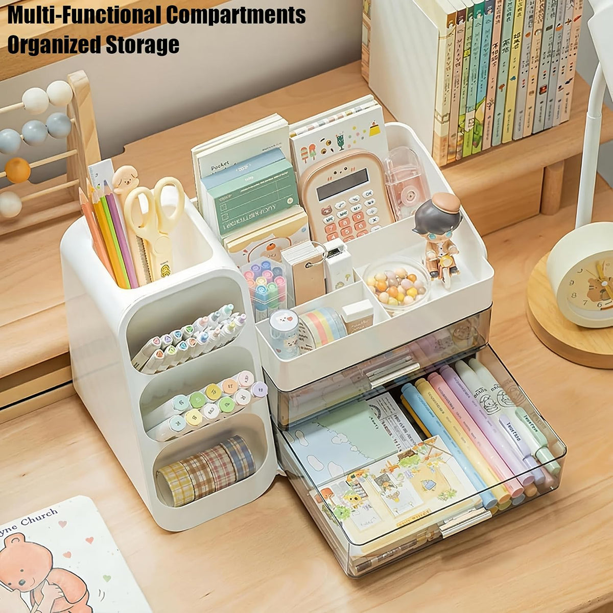 Desk Organizer with Pen Pencil Holder, Pen Organizer with 2 Drawers & 4 Compartments, Desktop Organizers and Storage for Office Home School Art Supplies (Green)