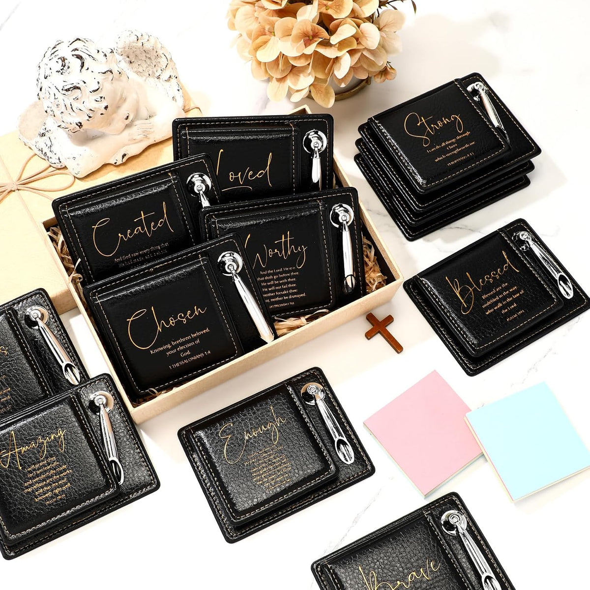 Spakon 12 Set Christian Note Holders with Scripture Leather Pen, Black
