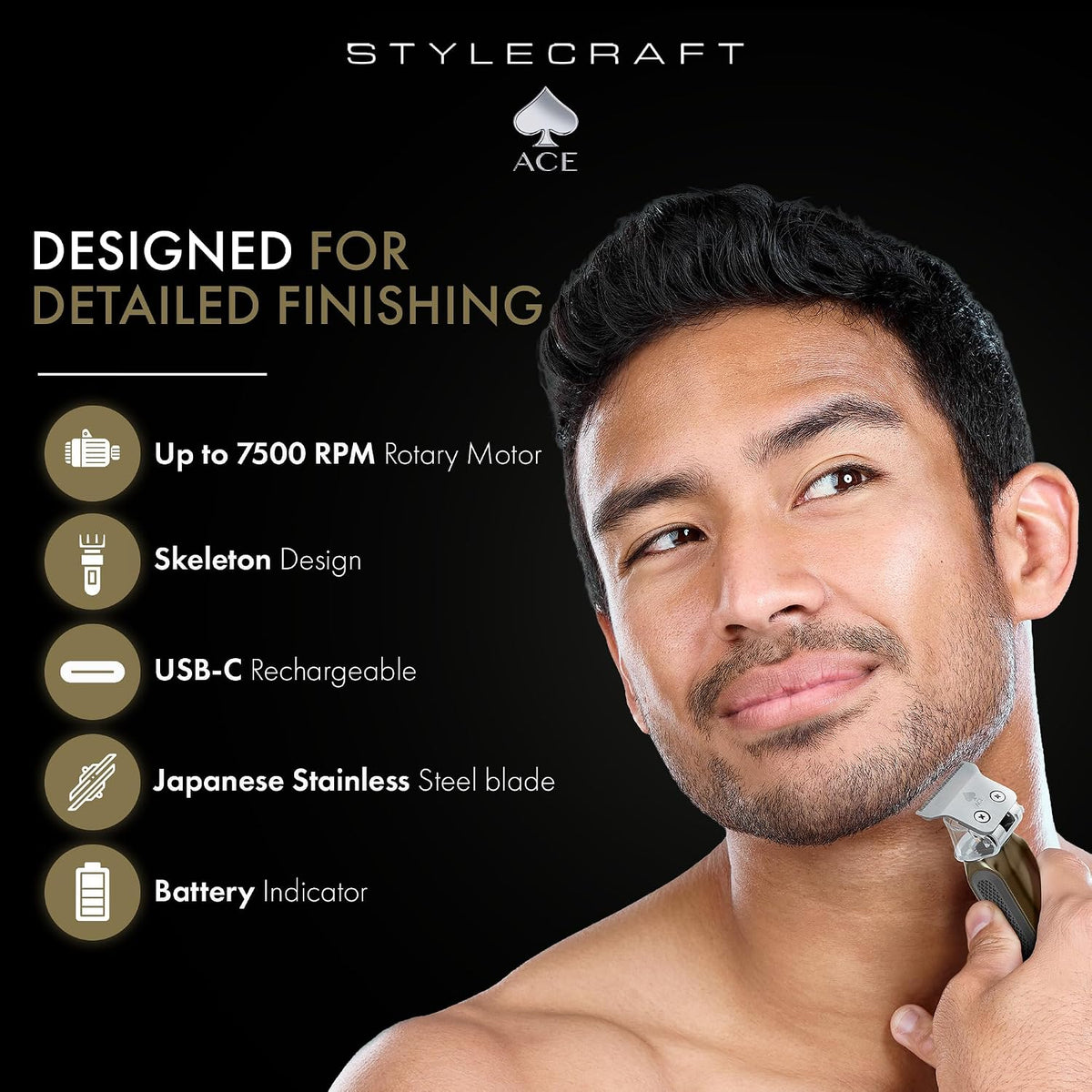 STYLECRAFT Ace Cordless Hair Trimmer, Slim Compact, Up to 7500 RPM Motor