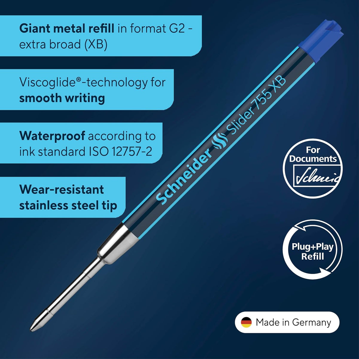 Schneider Slider 755 XB (Extra Broad) Ballpoint Pen Refill, 1.4 mm, ISO Format G2, Blue Ink, Box of 10 Refills (175503)