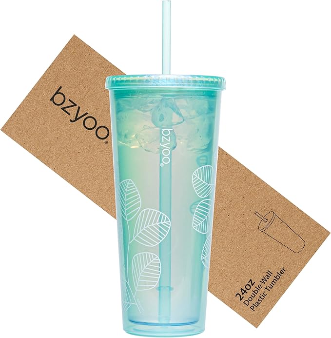 bzyoo 24oz Plastic Tumbler Cup, Lid & Straw, Iced Coffee, Pearl Green Leaf
