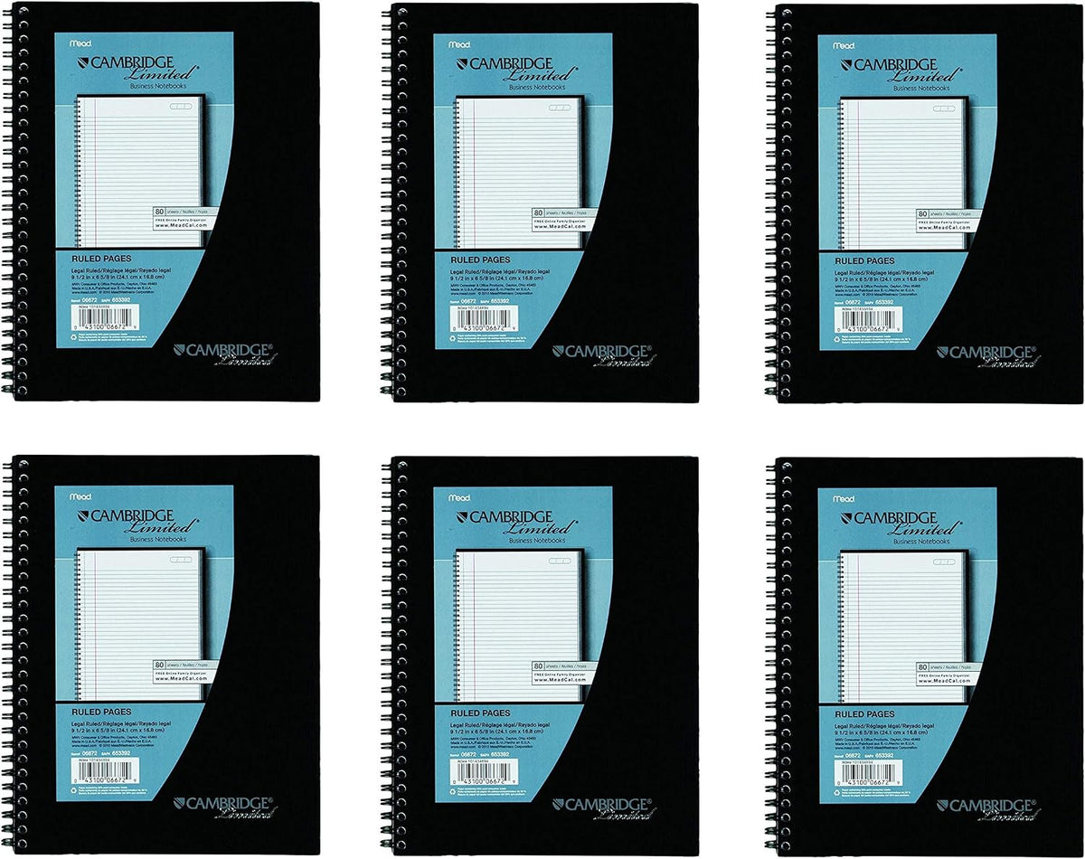 6 Pack of Mead Cambridge Wirebound Business Notebook, Legal Rule, 6 5/8 x 9 1/2 Inches, White, 80 Sheets per Pad (06672)