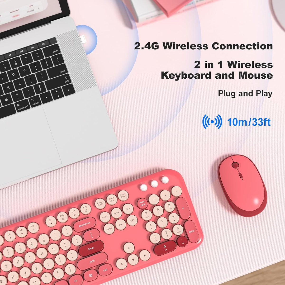 MOFII Wireless Keyboard and Mouse Combo, Cute Keyboard Full Size and Wireless Mouse, 2.4GHz Retro Typewriter Keyboard Mouse Set for PC/Desktop/Laptop/Windows (Hot Pink)