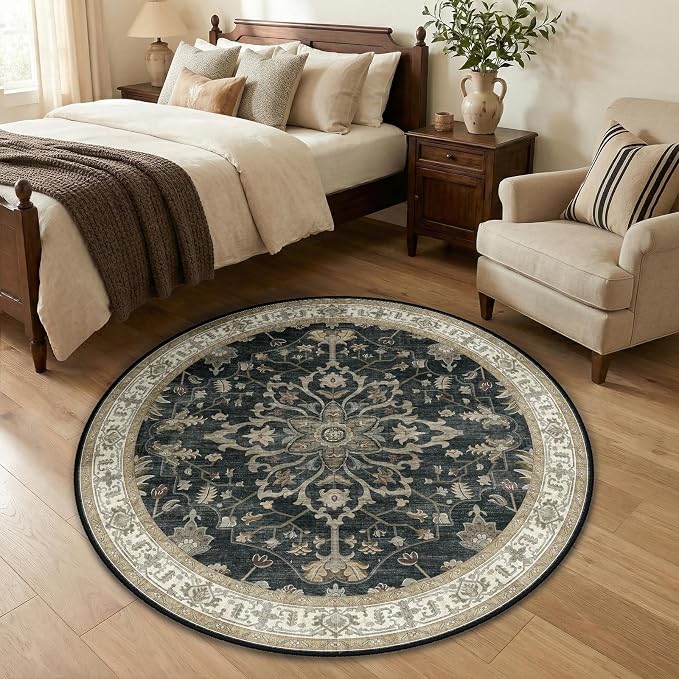 RELEANY Area Rugs Round 4ft Washable Non-Slip, Floral Vintage Distress