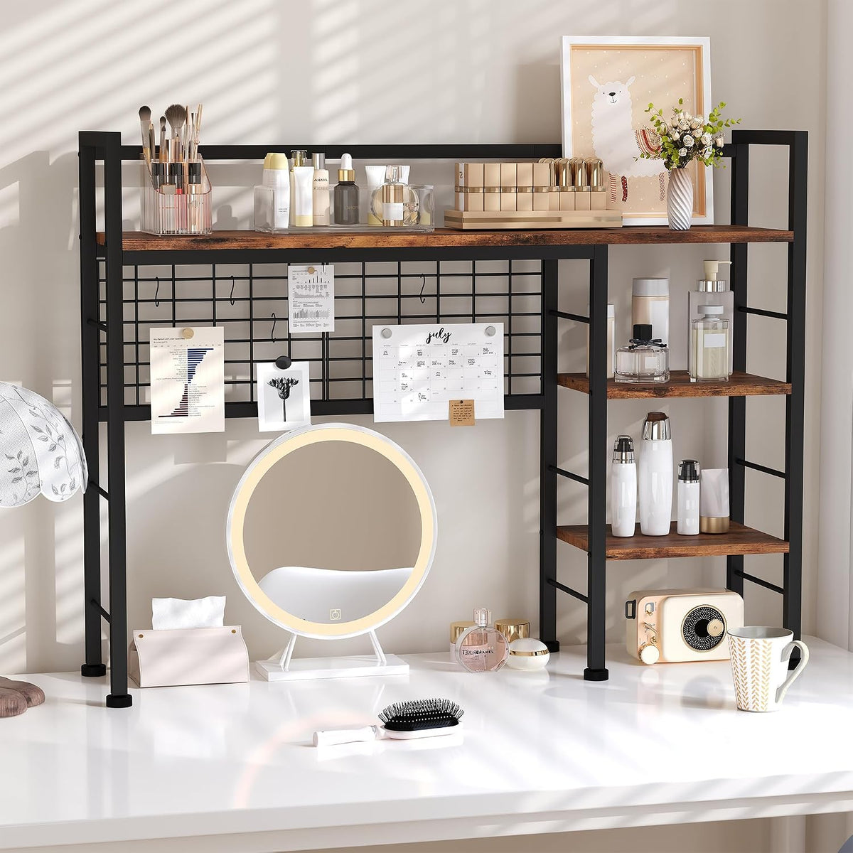 Desk Shelf,38.6" Desk Organizer Shelf,Wooden Desk Hutch for Computer Monitor,4 Tier Desk Display Rack with Pegboard Hooks Set for Home Office Dorm Storage,UXBZJ101Z