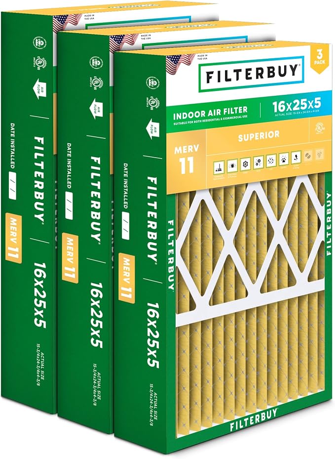 Filterbuy 16x25x5 Air Filter MERV 11 Superior Pet & Allergy Defense, Pleated