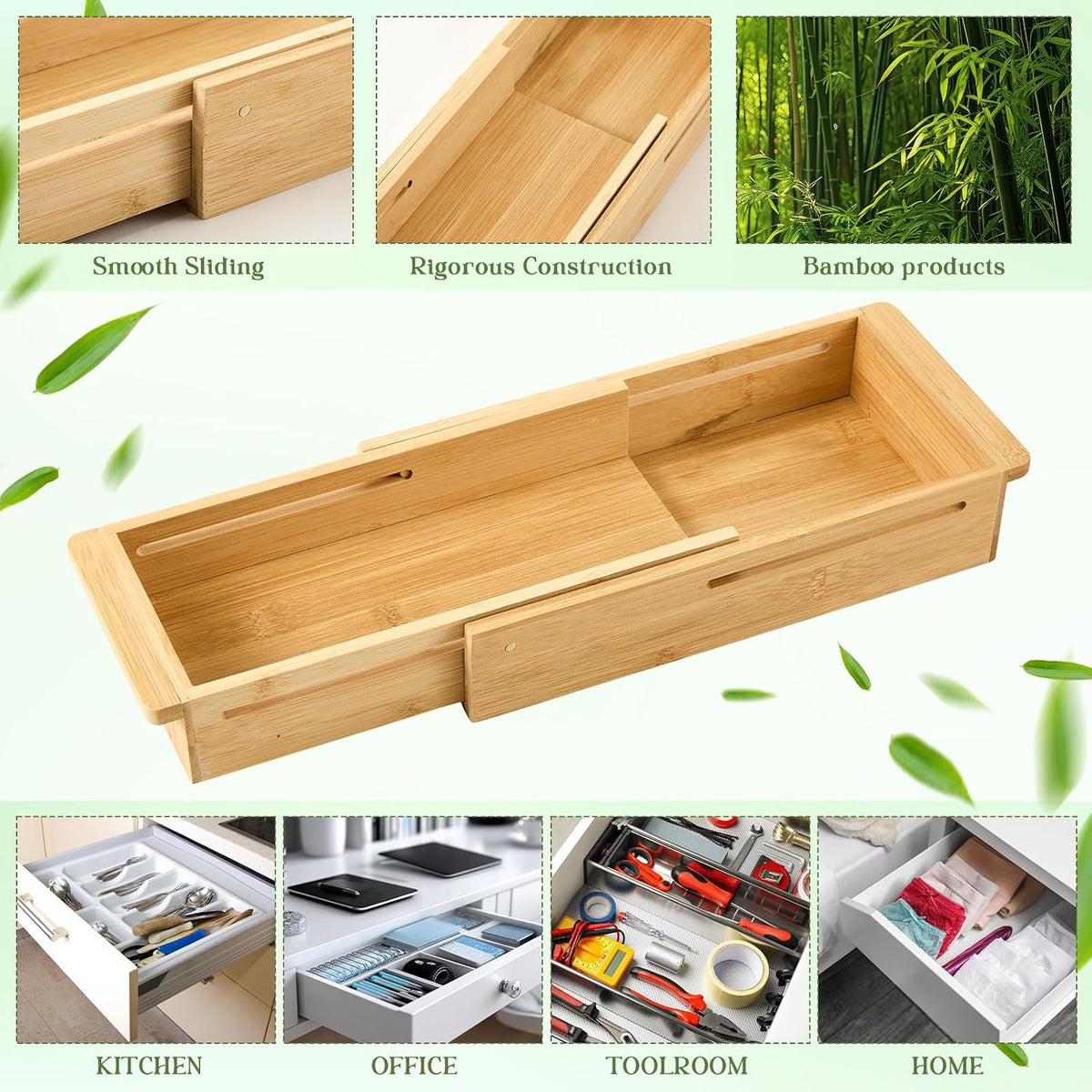 LemonRoad 2 Pcs Sliding Drawer Organizer Bamboo, Wood, 12.4-17.7 Inch