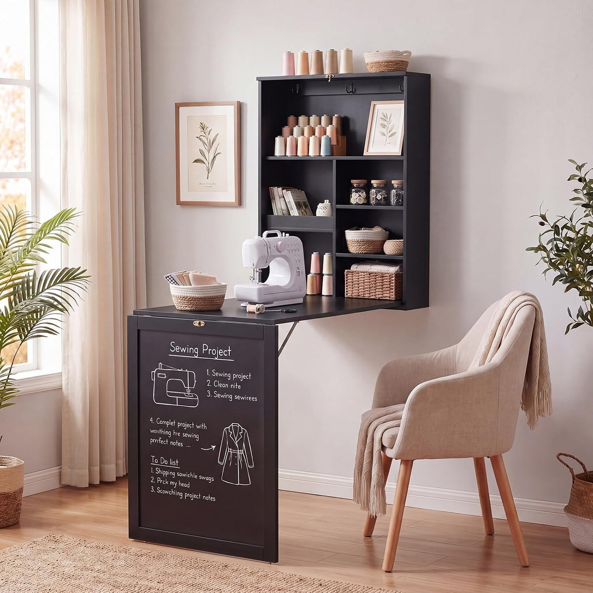 Tangkula Foldable Wall-Mounted Desk, Floating Desk with Chalkboard, Storage Shelves & Hooks, Space-Saving Murphy Table for Home Office, Bedroom, Dorm Room, Small Spaces