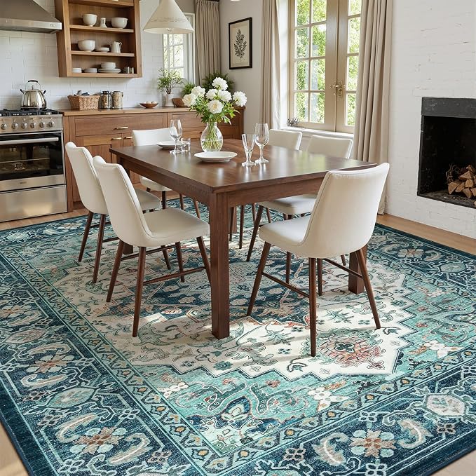 Lofus 9x12 Washable Rugs Non-Slip, Vintage Floral Area Rug