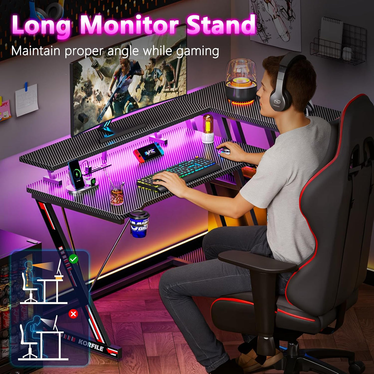 Korfile 47 Inch Gaming Desk with Power Outlet, LED, Carbon Fiber Black