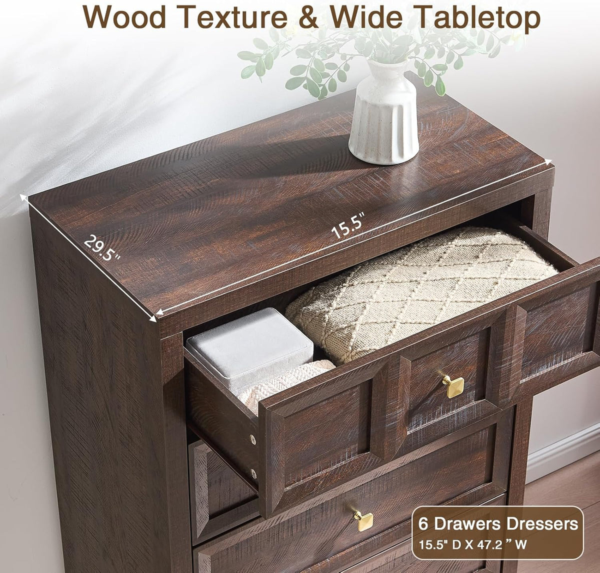 5 Drawers Dresser for Bedroom, 45.7" Tall Large Dresser & Chests of Drawers with Metal Handle, Clothes Storage Organizer w/Natural Texture for Bedroom, Brown