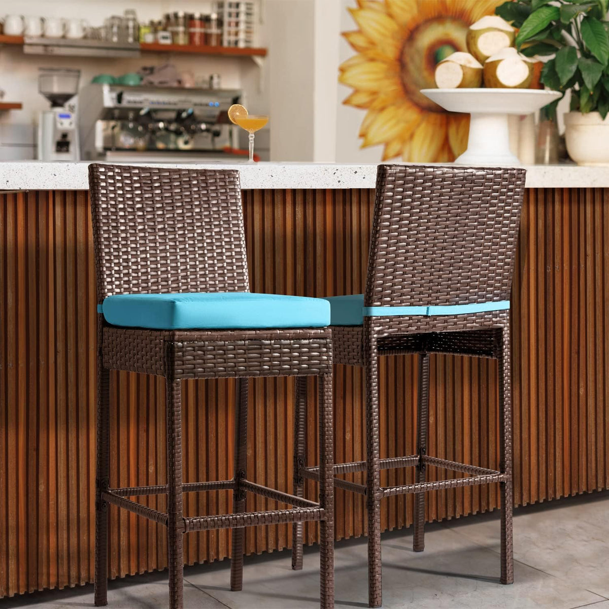 Outdoor Patio Stools & Bar Chairs Set of 2 Wicker Woven Outdoor Bar Stools Bar Height Chairs High Back with Footrest Armless Cushion Blue All Weather Patio Seating for Garden Pool Lawn Backyard