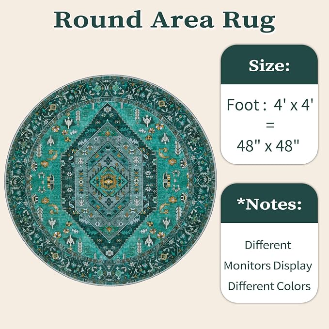 SERISSA Boho Round Area Rug, 4ft Washable Non-Slip Circle Rug, Ultra Soft