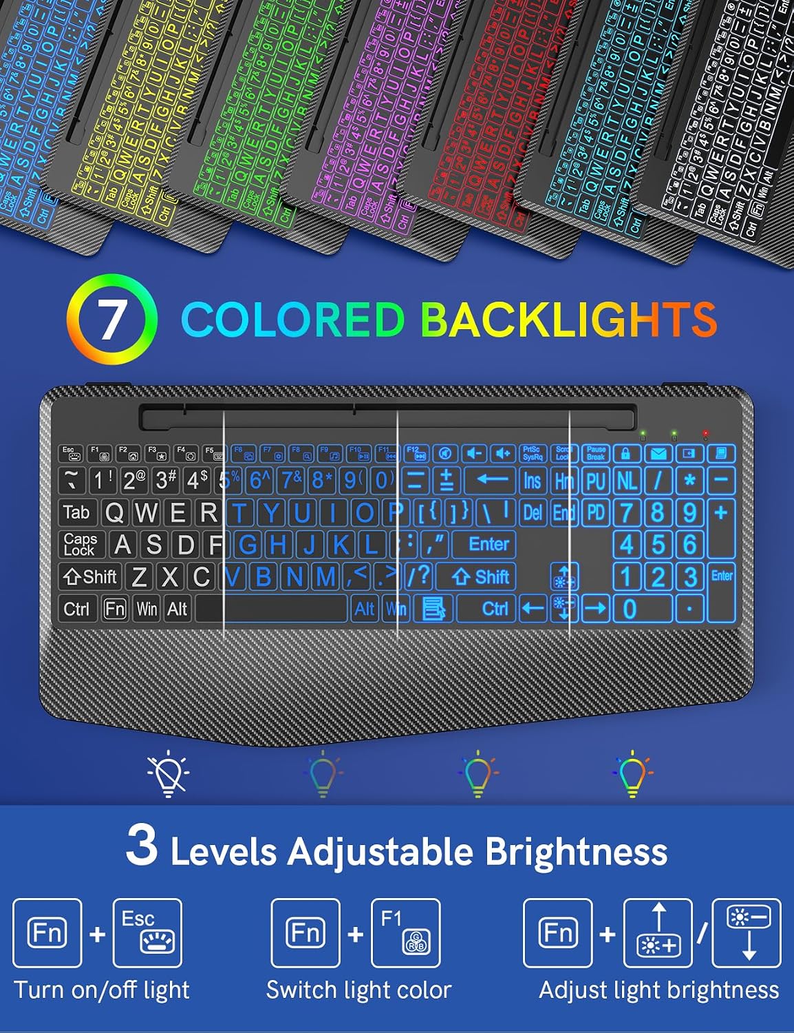 Wireless Keyboard, 7 Colored Backlits, Wrist Rest, Phone Holder-Large Print
