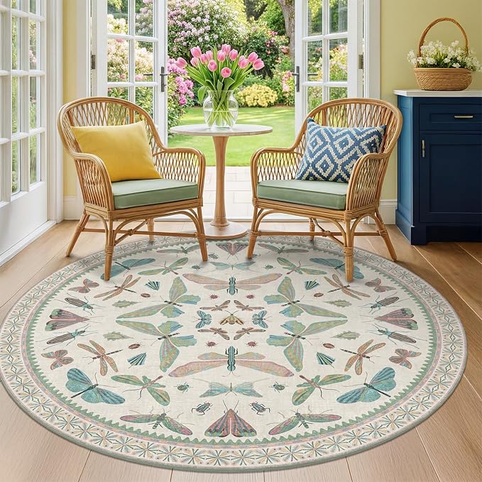 Hazo Haus Green and Blue Insect 6ft Round Soft Rugs
