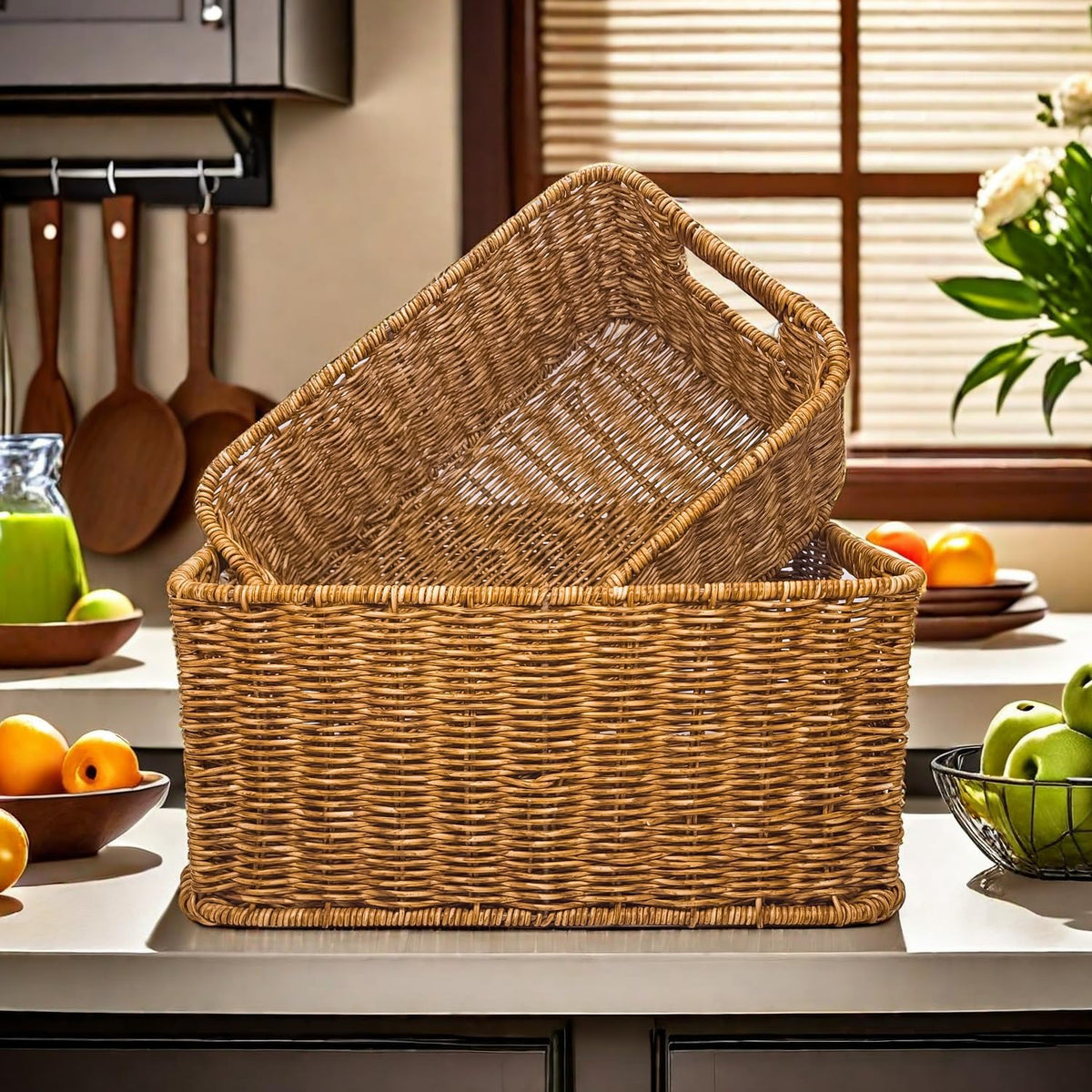 GIB Woven Storage Baskets for Organizing, Plastic Wicker Storage Baskets for Shelves, Waterproof Rectangular Storage Bins Organizers for Closet Pantry Table, Set of 3, Brown