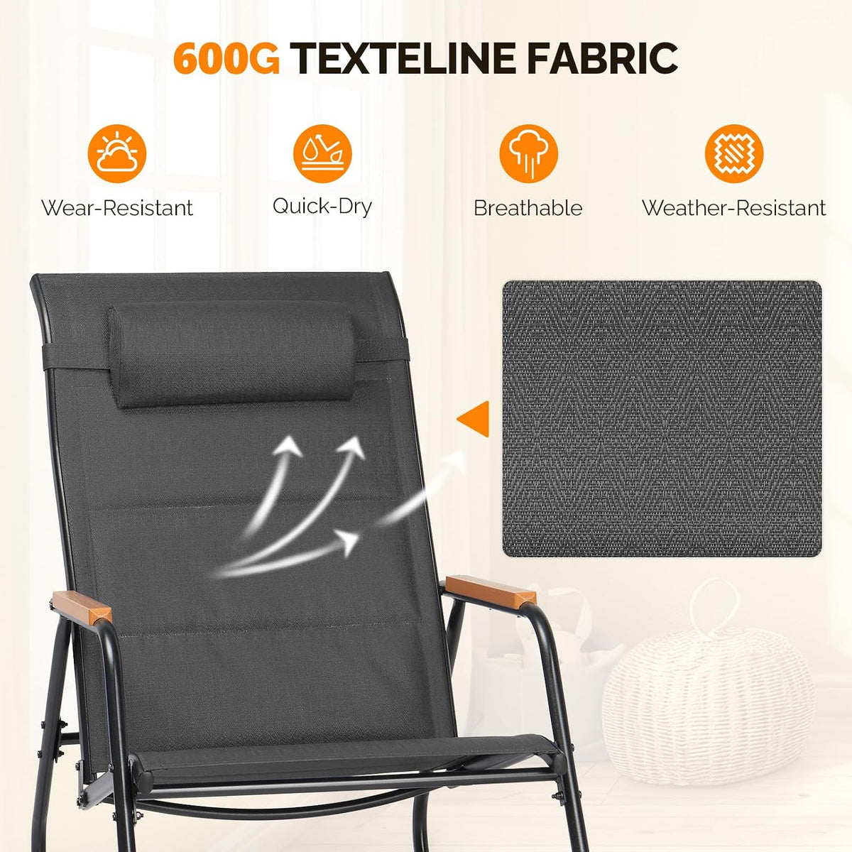 VINGLI Outdoor Rocking Chair, Textilene Mesh Patio Rocker, Outdoor Rocker with Footrest, Pillow, All Weather Porch Rocker for Garden, Living Room, Patio, Lawn (Black, with footrest)
