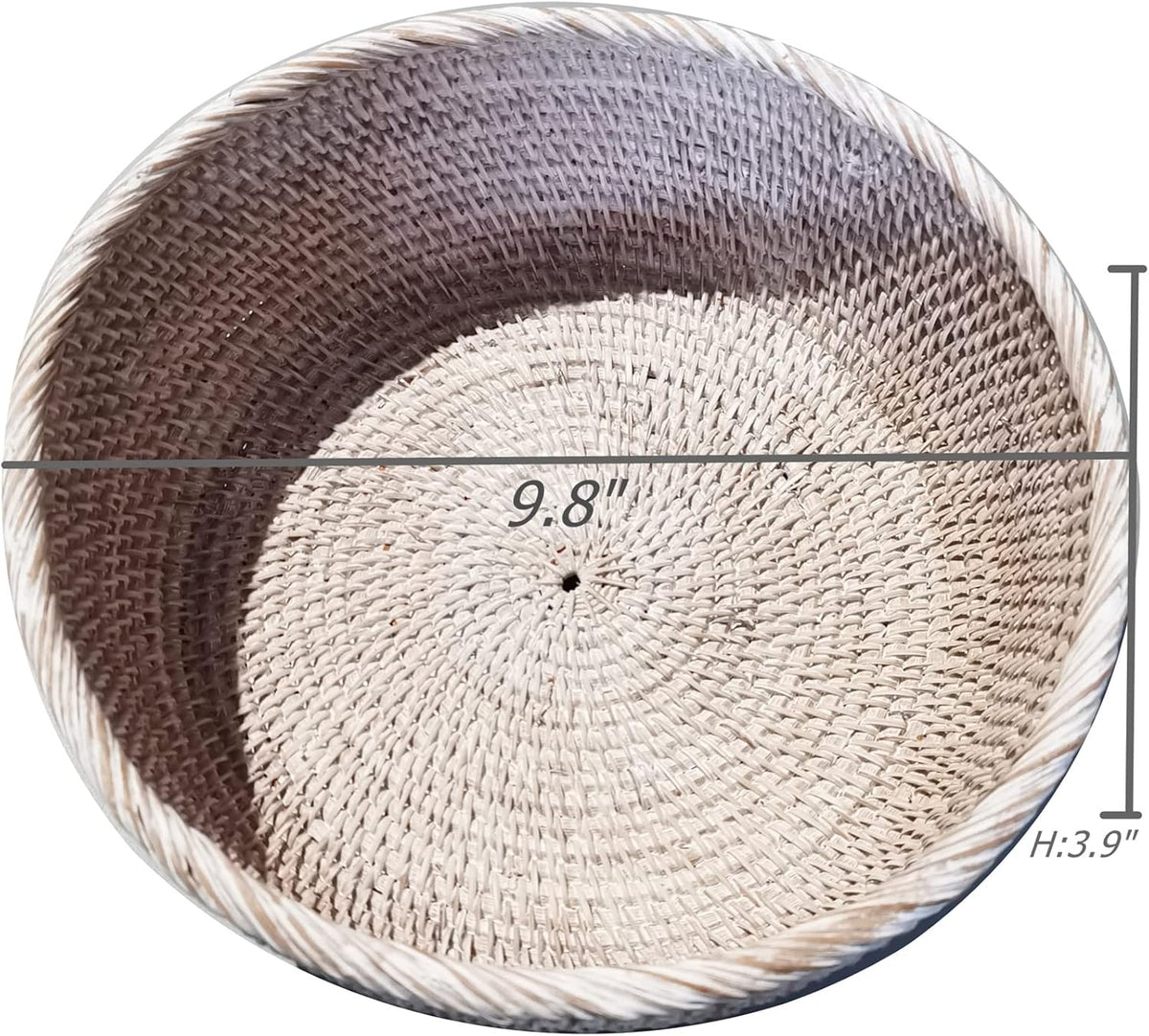 Wash White Round Rattan Bowl Basket,Decorative Handmade Wicker Basket Tray with 4 Inch High Wall, Decorative Woven White Bread Basket Fruit Bowl Key Holder Table Centerpiece