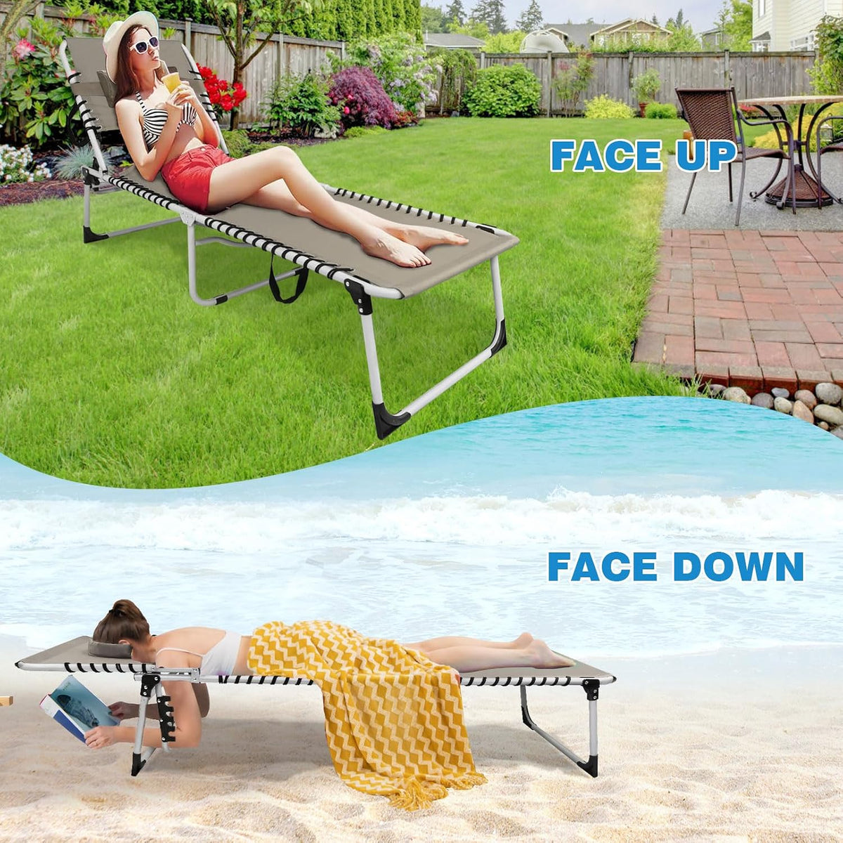 Sun Tanning Chair with Face Hole 5-Position Folding Lounge Chair Outdoor with Portable Beach Table for Poolside Sunbathing Camping Lawn Backyard