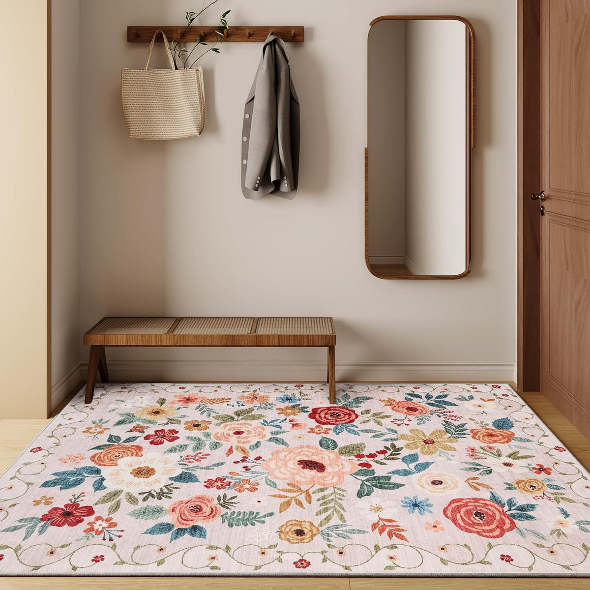 DUKINO 4x6 Area Rug, Floral Washable Rug Non Slip Office Chair Mat, Beige
