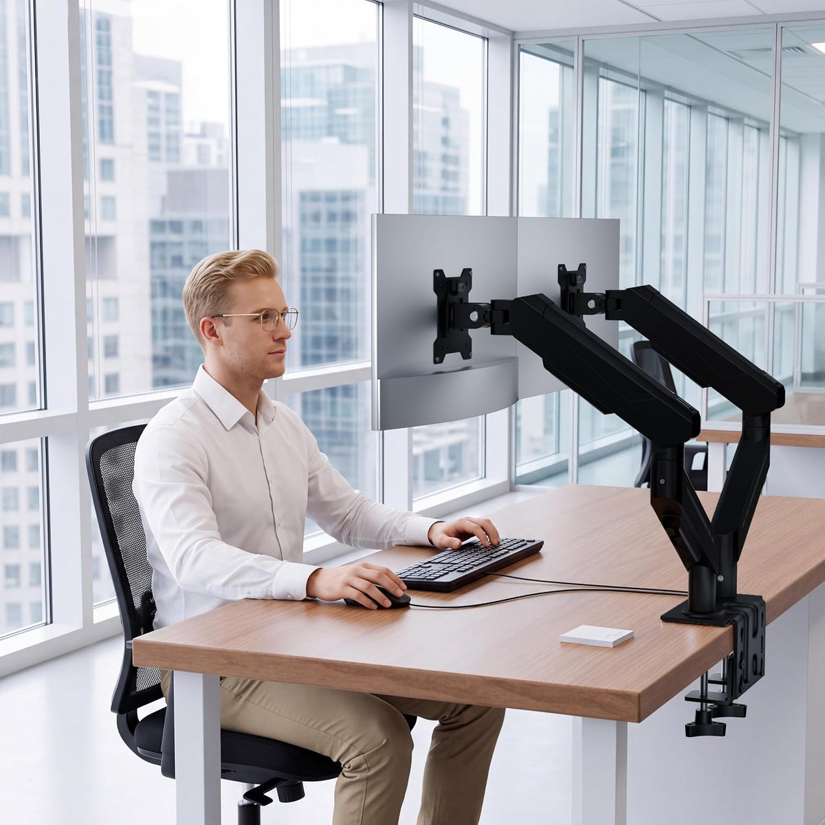 THEARK Dual Monitor Stand for Desk - Dual Monitor Mount for 17-32 Inch Screens,Height Adjustable Dual Monitor Arm Desk Mount with Clamp and Grommet Base,75x75/100x100mm VESA Mount,Max 19.8 lbs,Black