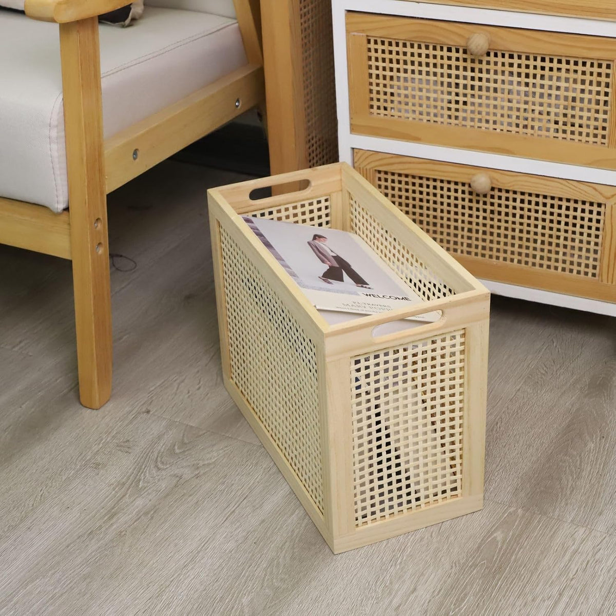 Wood Magazine Holder with Jute Rope Handles,Handcrafted Bamboo Toilet Roll Holder,Wicker Magazine Storage Organizer for Bathroom,Office and Desk -Rectangle- Natural- 15" D x 6.9" W x 11.8" H. (0.58)