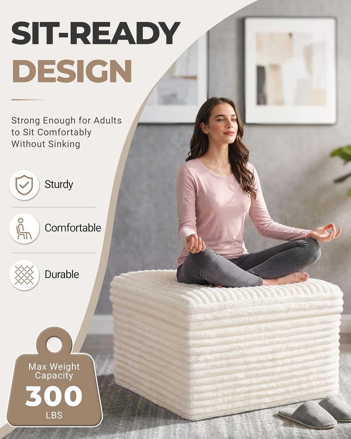 23.6in Pouf Ottoman, Corduroy Footstool Foot Rest Seating, Beige