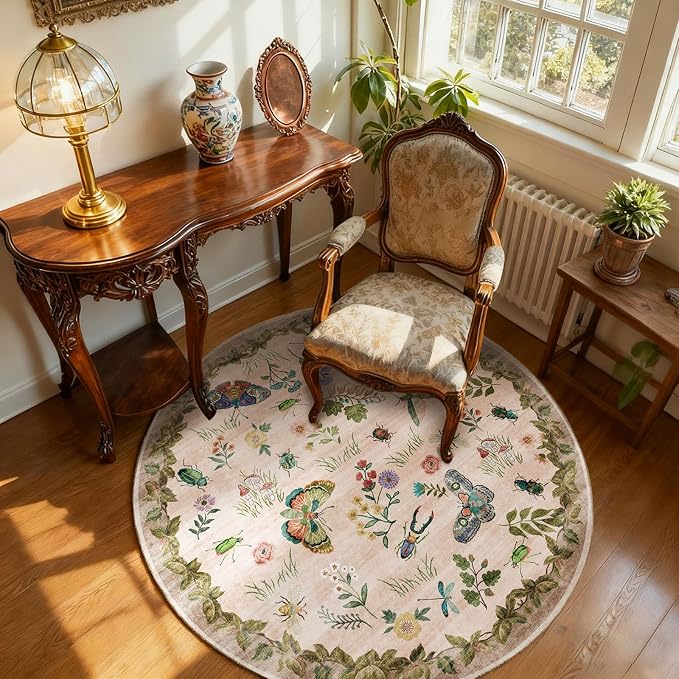 Washable Round Rugs for Bedroom 4ft: Living Room Rug Stain Resistant Non Slip
