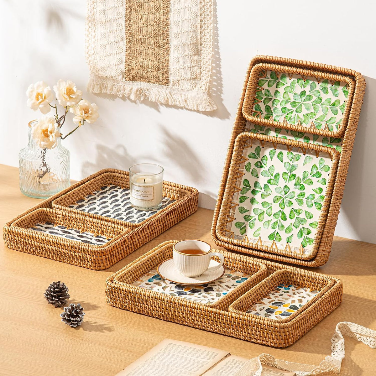 Set of 3 Rattan Serving Trays with Mother of Pearl, Terrekraft