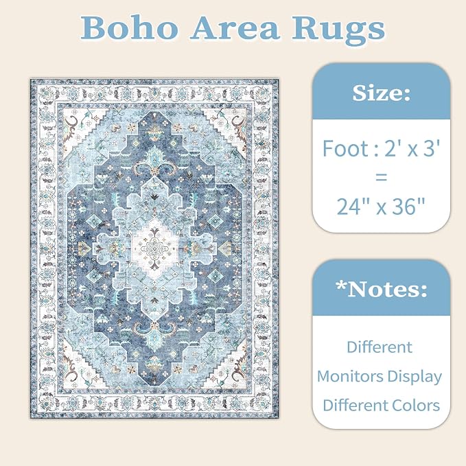 SERISSA Boho Rugs for Entryway, 2x3 Blue Entryway Rug Non-Slip Washable Small