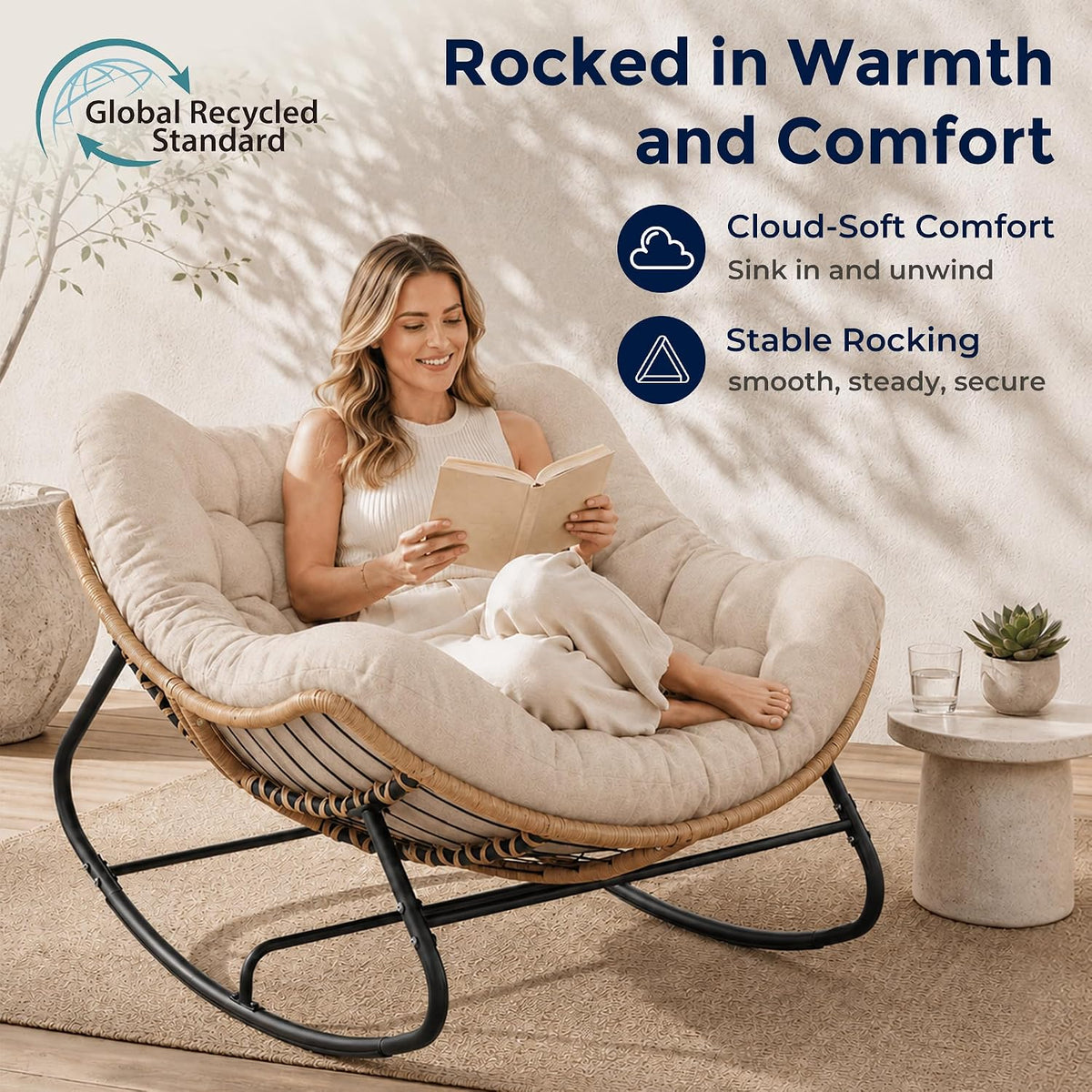 SWITTE Papasan Rocking Chair, Outdoor Wicker Egg Rocker with Cushion, Ivory