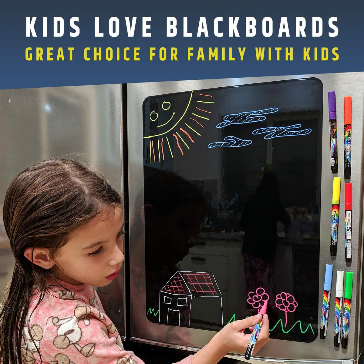 Premium Magnetic Wet/Dry-Erase Blackboard for Refrigerator (Fridge Chalkboard) - 17.5"x13.5" Large Size Black Organizer (Stain Free) | 8 Liquid Neon Chalk Markers | Grocery/to-Do Lists Board