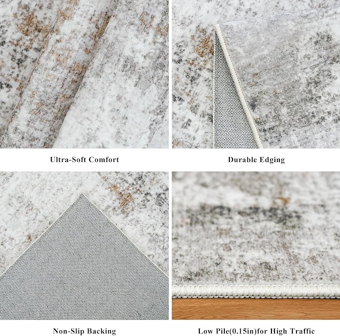 8x10 Washable Living Room Rug – Modern Neutral Abstract Soft Large Area Rug