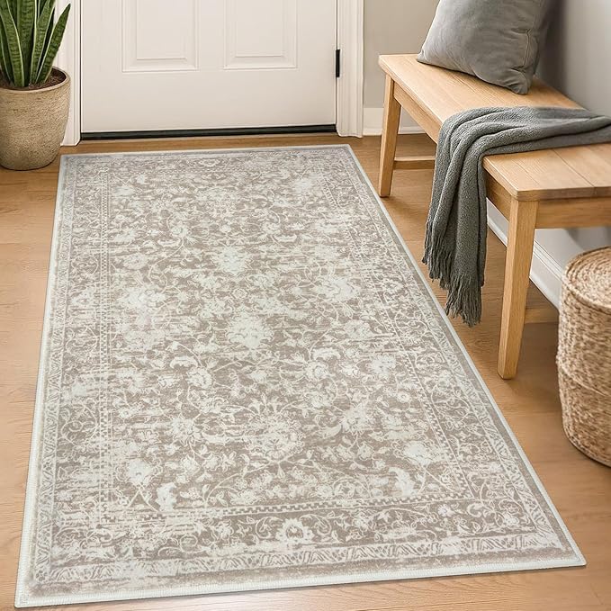 KILOCOCO Area Rug 3x5 Entryway Rug Washable Printed Vintage Floral Rubber