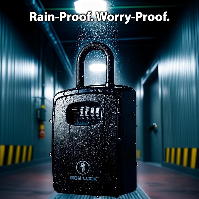 Iron Lock® Key Lock Box Portable with U-Shackle – XXL Waterproof Heavy-Duty Metal Safe with 4-Digit Combination for Spare Keys Outside on Door Knob, Fence or Gate (Black, XXL)