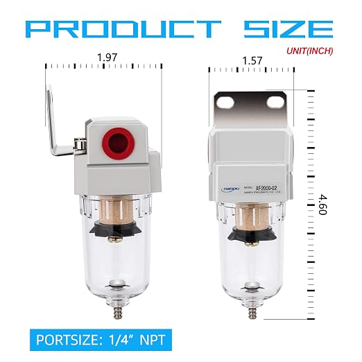 NANPU 1/4" NPT Compressed Air Line Filter, 5 Micron Brass Element, Poly Bowl