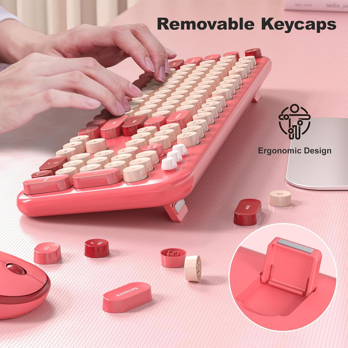MOFII Wireless Keyboard and Mouse Combo, Cute Keyboard Full Size and Wireless Mouse, 2.4GHz Retro Typewriter Keyboard Mouse Set for PC/Desktop/Laptop/Windows (Hot Pink)