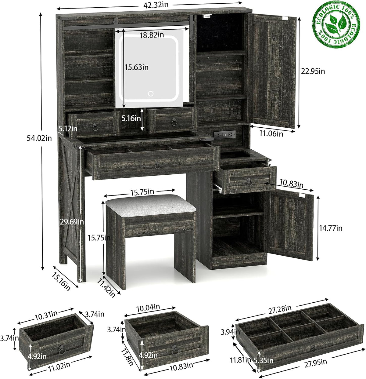 Farmhouse Makeup Vanity Desk with Sliding Mirror and Lights, 42 Wood Vanity Table Set with Glass Top, Power Outlets, Jewelry Storage Cabinet, 4 Drawers, Stool for Country Room Decor, Rustic Black