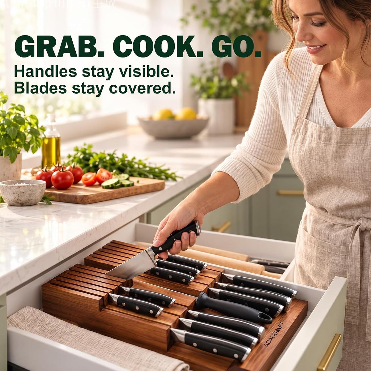 In-Drawer Knife Block without Knives, Acacia Wood Knife Drawer Organizer
