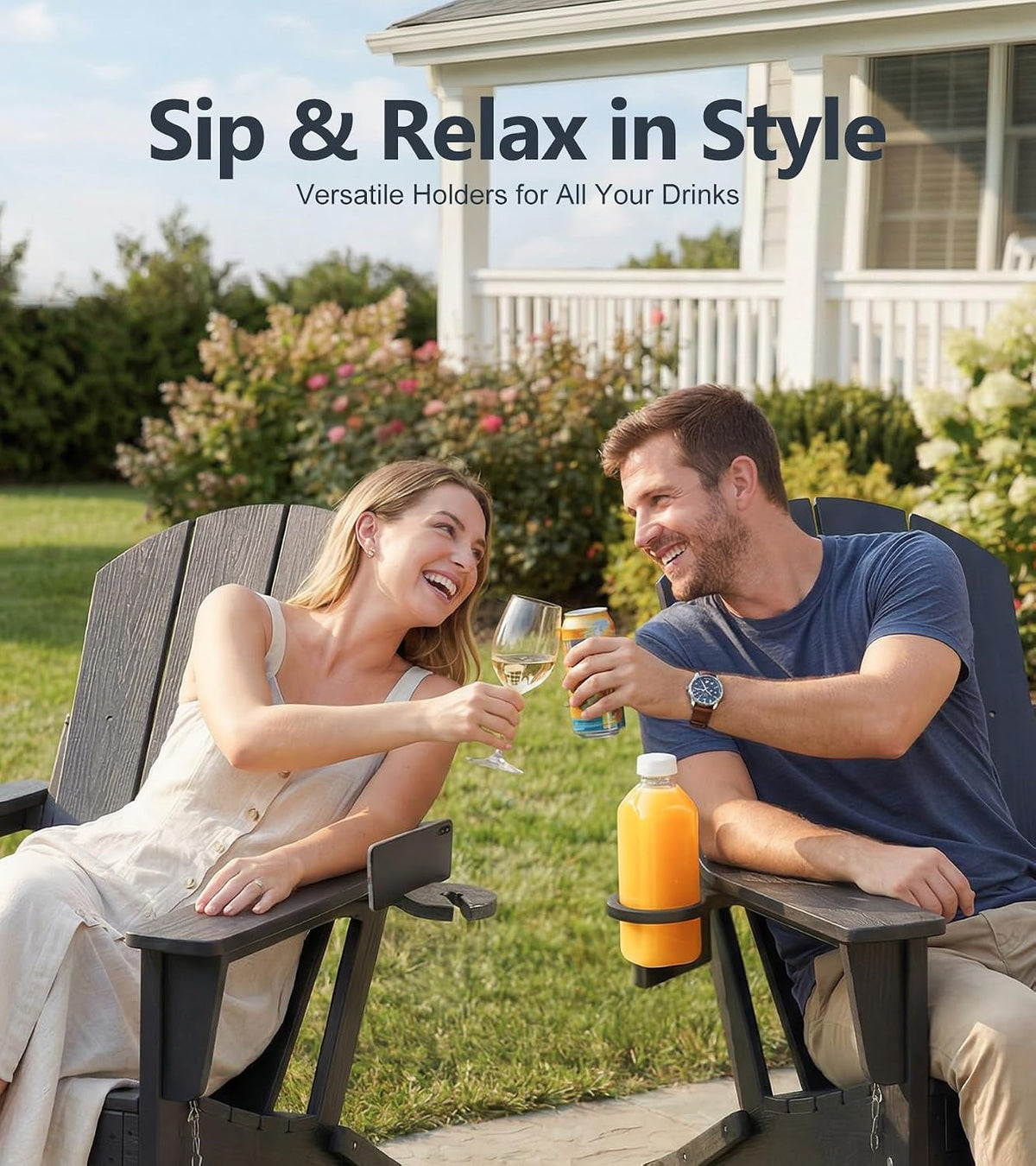 PASAMIC Adirondack Rocking Chairs Set of 2, Foldable All-Weather HDPE Patio Rockers with Retractable Ottoman & Cup Holder, Outdoor Chairs for Porch Backyard Pool Garden Balcony, Ebony Black