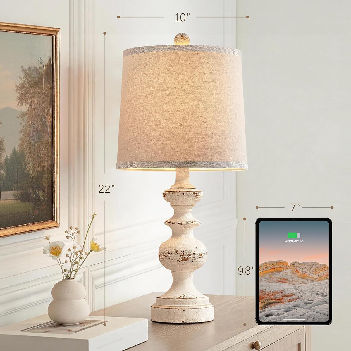 PARTPHONER Farmhouse Table Lamp Set of 2, Rustic Table Lamps for Living Room Bedroom, 22" Mid Century Modern Desk Lamp Bedside Nightstand Lamps with Linen Tapered Drum Shades, Washed White