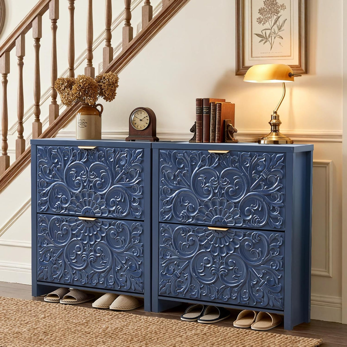 Shoe Cabinet with Flip Drawers, Narrow Shoe Storage Cabinet, 2-Tier Hidden Shoe Organizer with Floral Embossed for Entryway, Mid-Century Modern Slim Shoes Storage for Hallway Foyer (1, Midnight Blue)