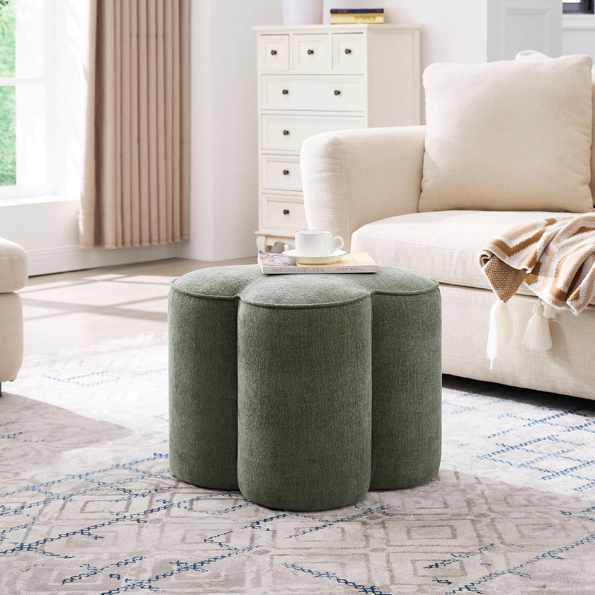 Zesthouse Flower Pouf Ottoman Foot Rest, Linen Fabric Poofy Ottoman Stool