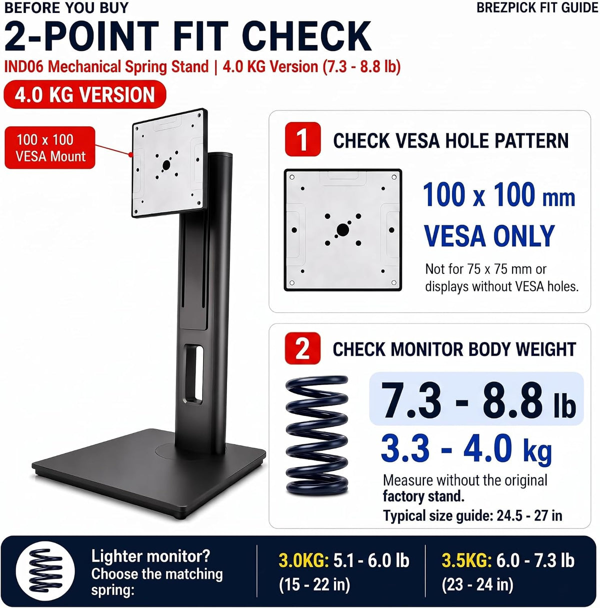 Adjustable Height VESA Monitor Stand, Spring Lift, 7.28-8.82 lb
